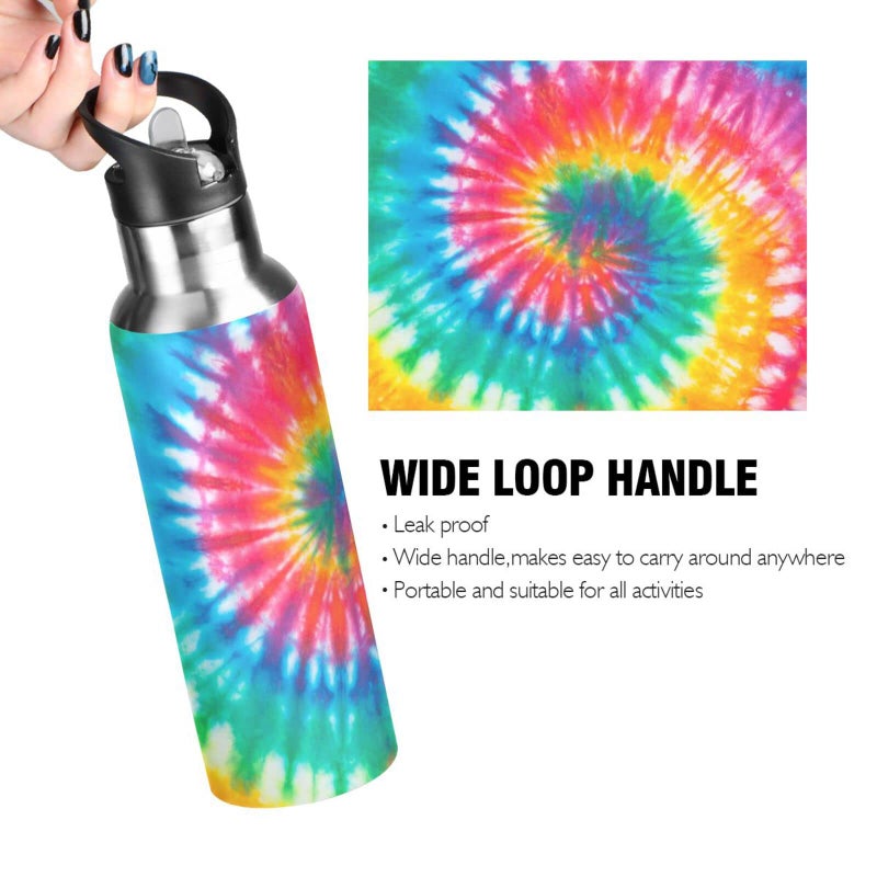 BOENLE Tie Dye Rainbow Water Bottle Girls Insulated Thermos Kids Women Stainless Steel Hot Cold Water Flask Jug Straw Lid for Sports Gym Running 20 oz - Image 3